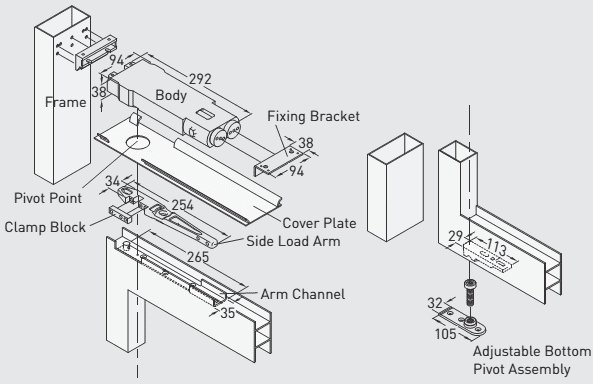 G-27397 GEZE TS 430 Transom Closer EN4 Non Hold Open C/W side load arm + pivot set